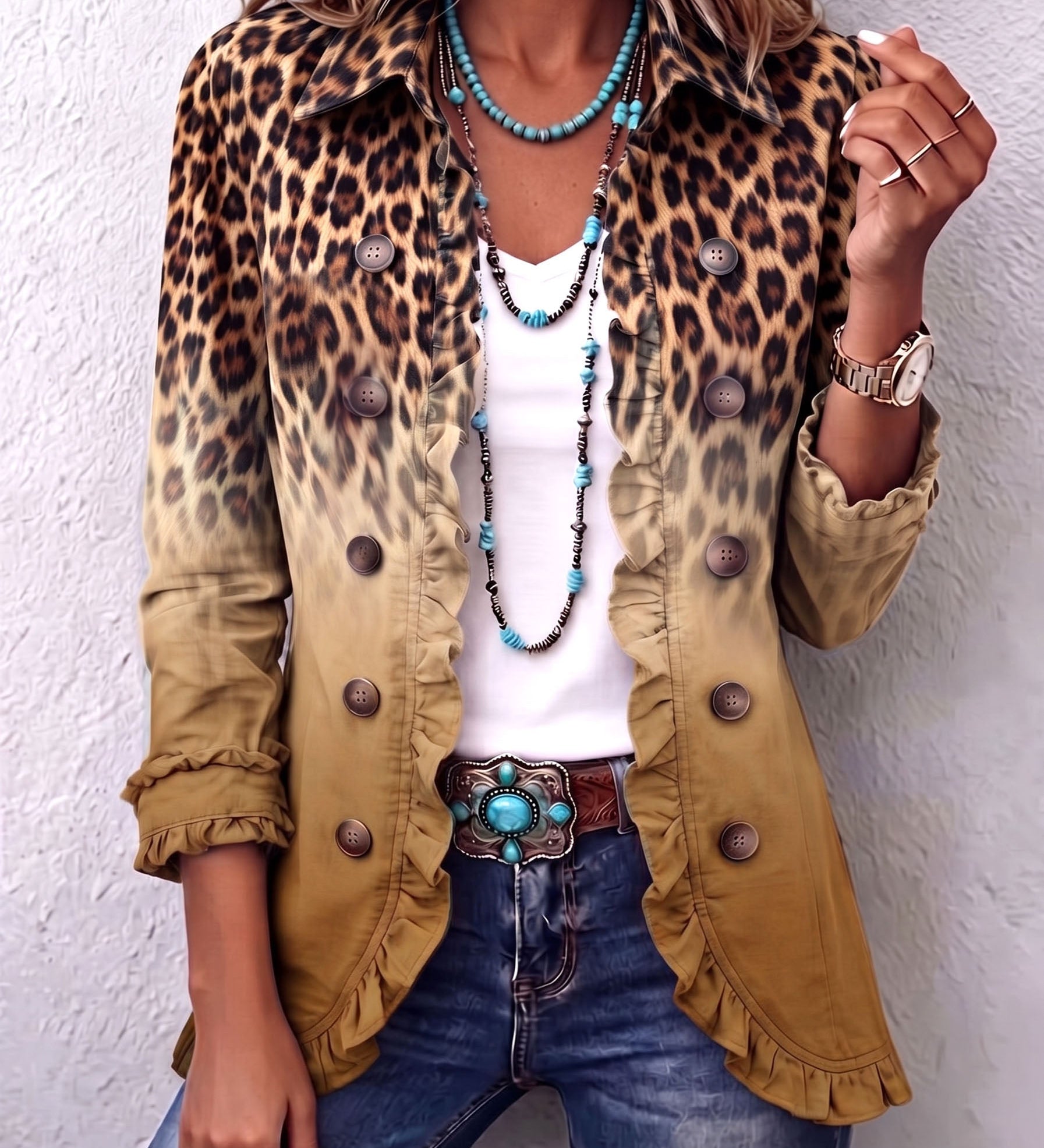 Elspeth | Blazer con Volant e Stampa Leopardo Sfumata