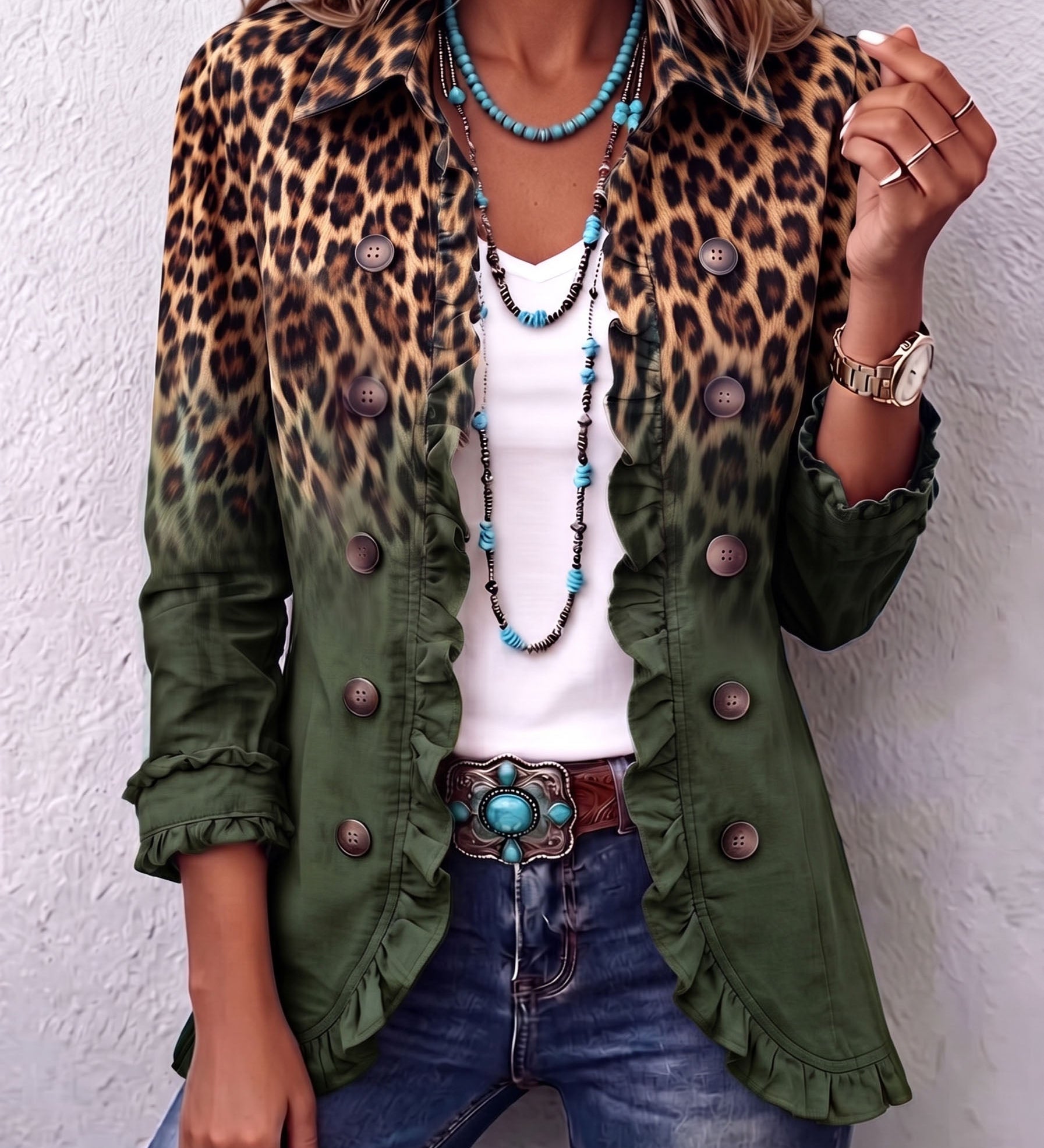 Elspeth | Blazer con Volant e Stampa Leopardo Sfumata
